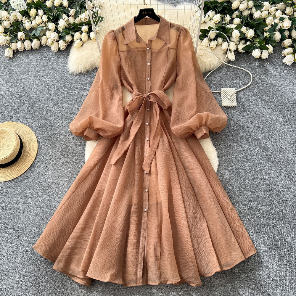 French dress women's autum palace style niche lapel single breasted strap waist lantern sleeve long skirt