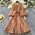 French dress women's autum palace style niche lapel single breasted strap waist lantern sleeve long skirt
