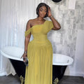 European and american cross-border african women's clothing  summer new arrival: elegant ruched solid color one-shoulder evening gown long dress