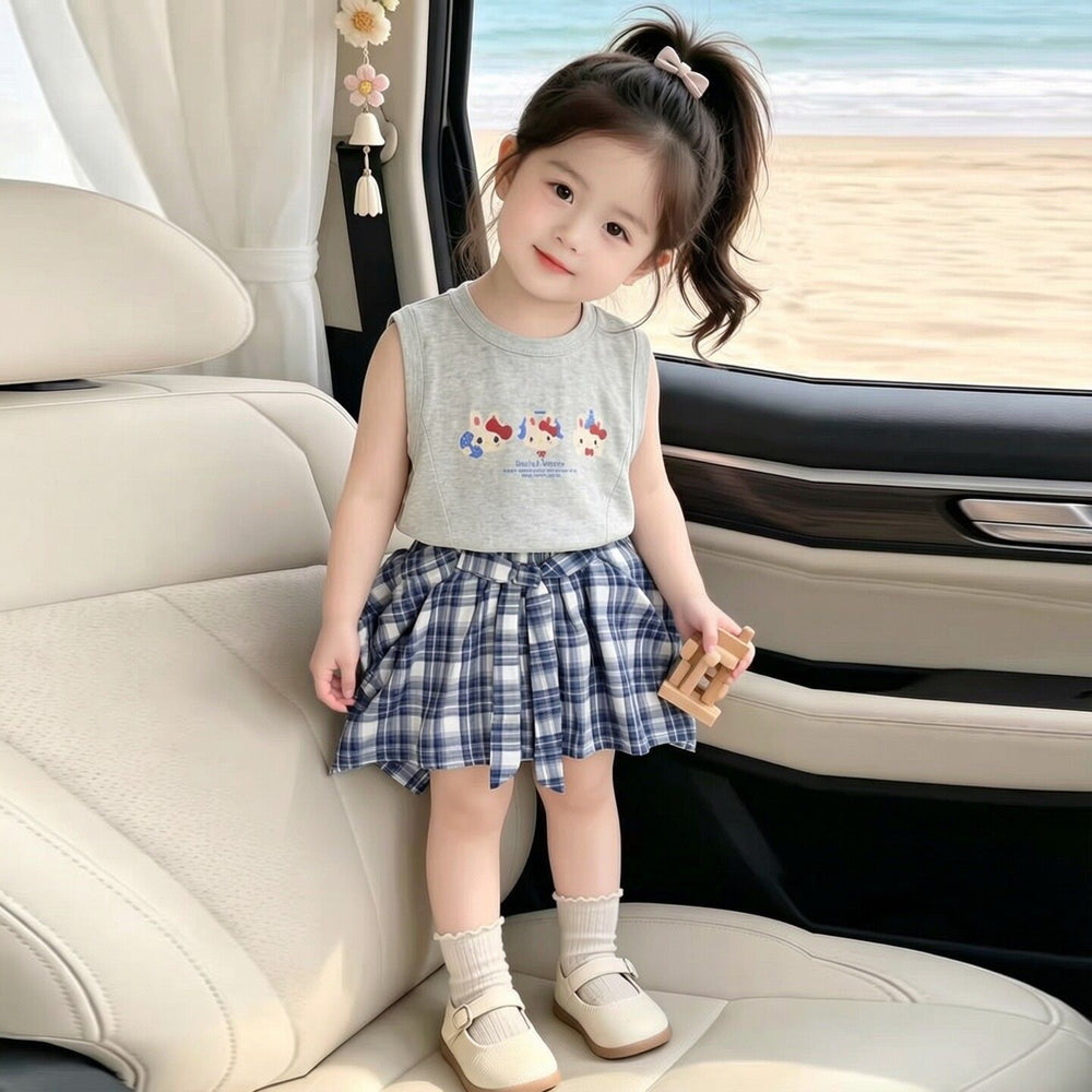 【dropshipping】summer  tank top set - sleeveless new girls' summer outfit with stylish printed cartoon mini skirt