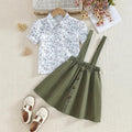girl's suspender shirt skirt small flower pattern vest shoulder military green skirt kidstwo-piece set skirt