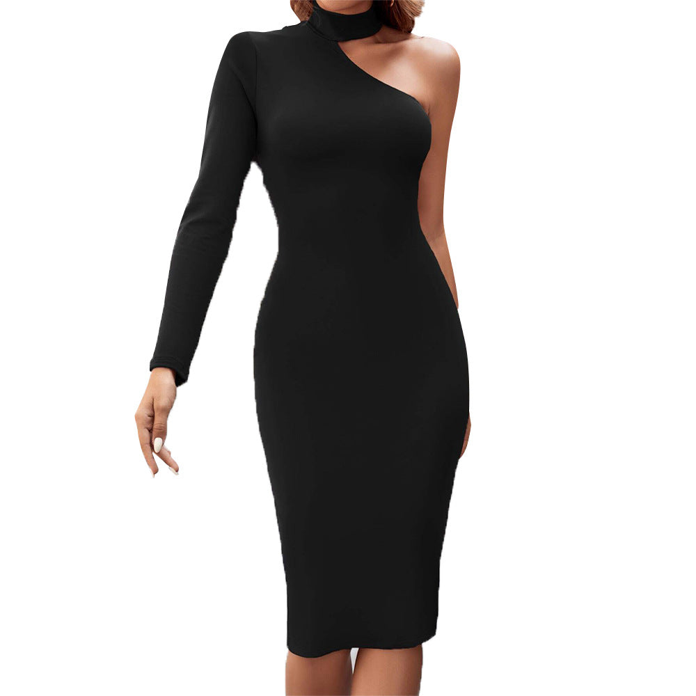 Cross-border independent station  women's clothing high-cold intellectual style dress autumn and winter semi-turtleneck off-the-shoulder slim-fit medium and long dress