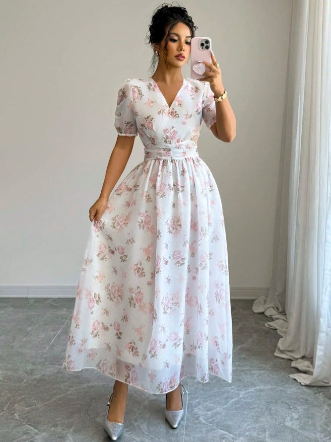 new european and american style bubble sleeve floral print v-neck midi dress