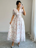 new european and american style bubble sleeve floral print v-neck midi dress