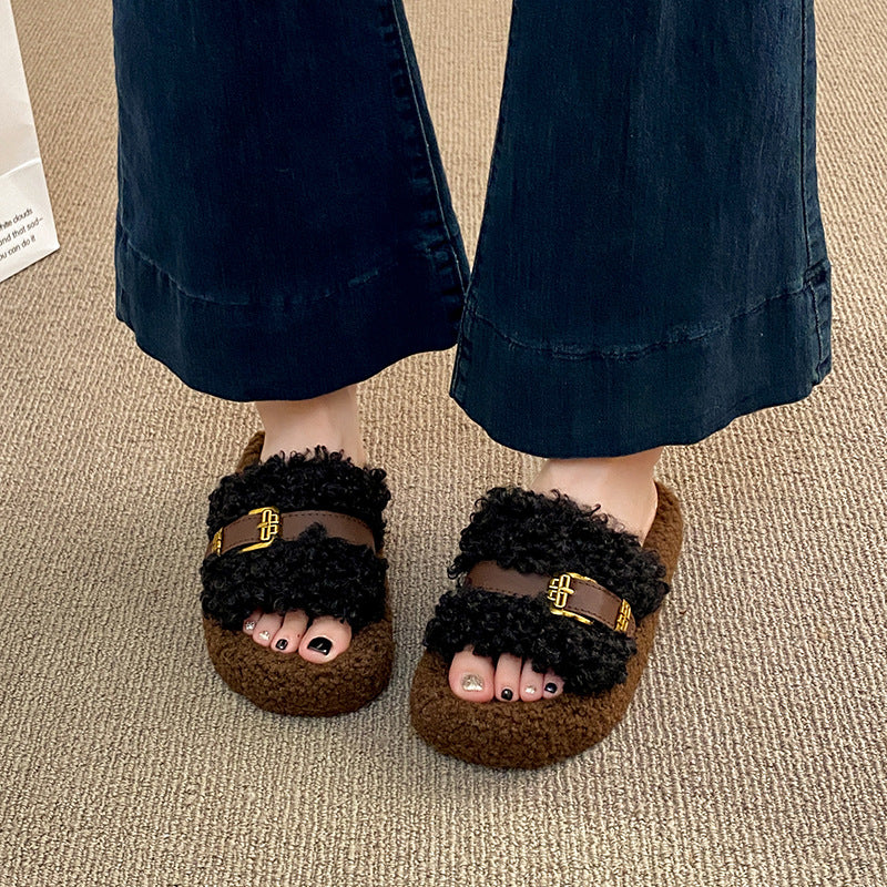Thick sole heightened fur slippers women's outwear spring & fall new arrivalclassy leather buckle lamb wool home cotton slippers