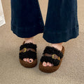 Thick sole heightened fur slippers women's outwear spring & fall new arrivalclassy leather buckle lamb wool home cotton slippers