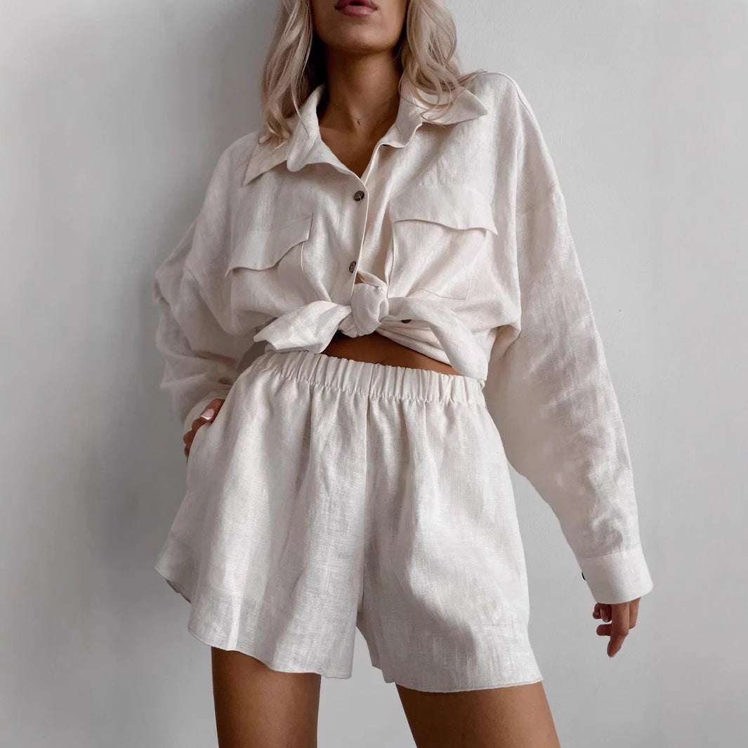 European and American new cardigan shorts set casual long-sleeved top elastic waist shorts two-piece set fashionable women's set