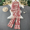 retro style printed lantern sleeve sun protection shirt with turn-down collar and cinched waist + high-waisted slimming wide-leg pants set