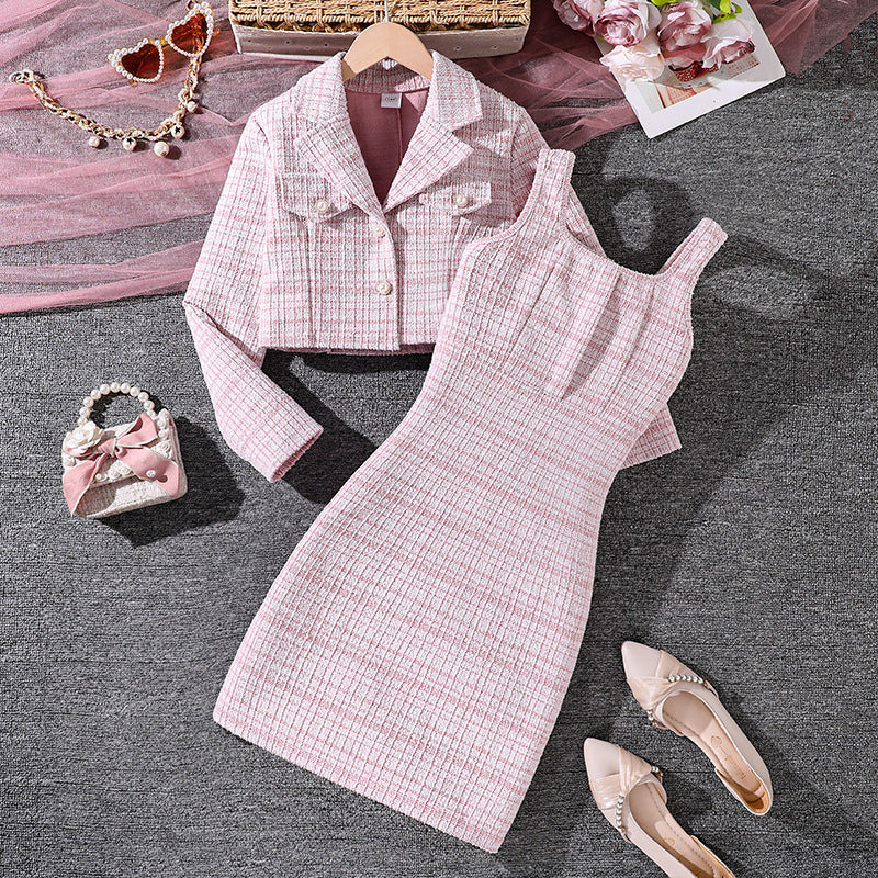 European and american girl's autumn outfit: new french retro chanel-style collared long-sleeve jacket and elegant vest dress two-piece set