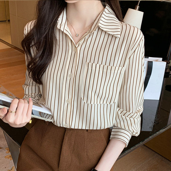 Cross-border large-size women's clothing loose and versatile commuter fashion striped shirt women's long-sleeved top women's casual shirt