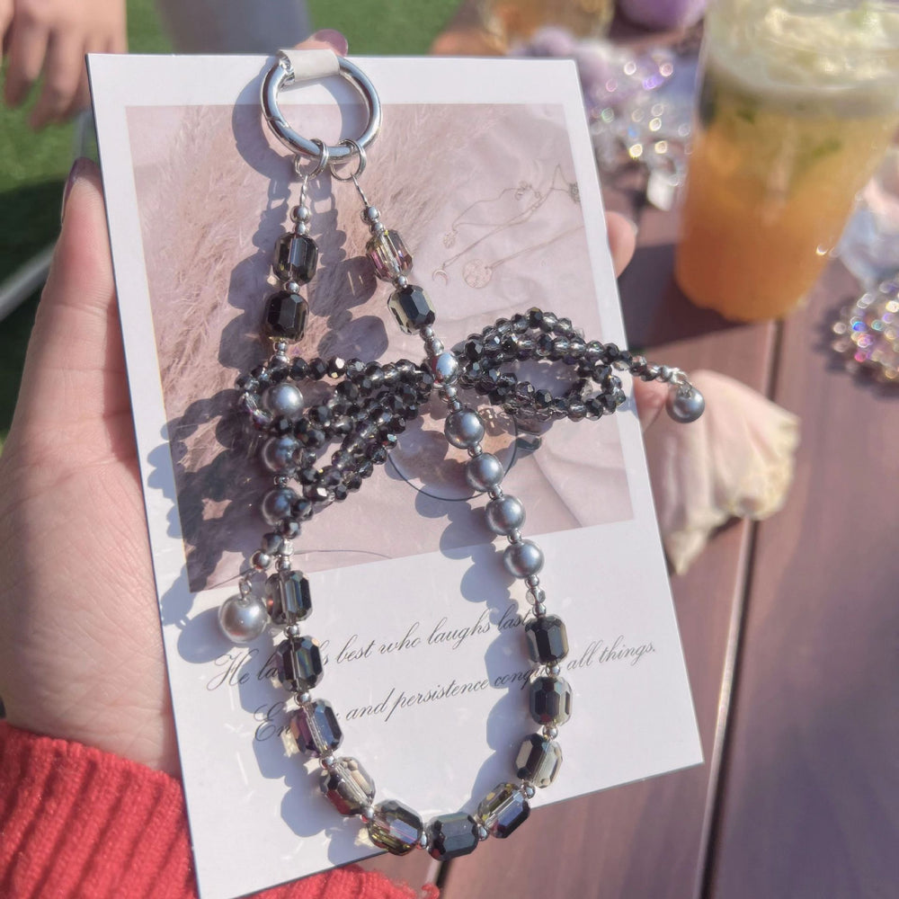 Luxury pearl bowknot phone charm - premium short 3d crystal wrist strap