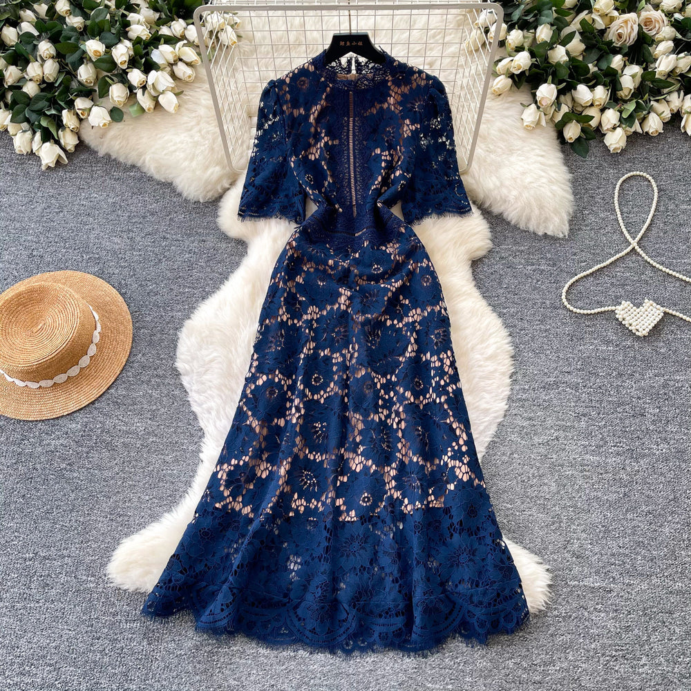 French sweet style pink hollow-out lace dress - women's summer korean style, slimming a-line dress for work and everyday wear