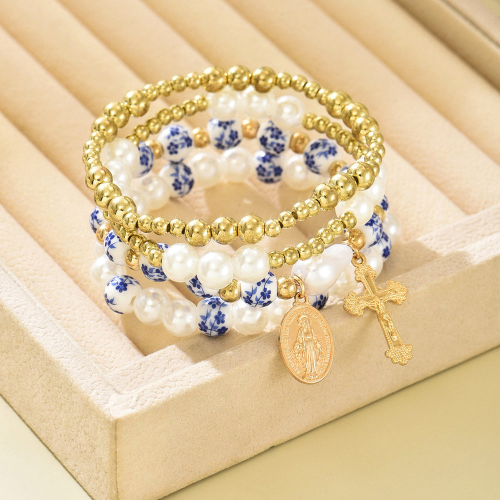 Wholesale blue and white porcelain beaded bracelets - european and american cross-border retro chinese style personalized faux pearl cross pendant jewelry