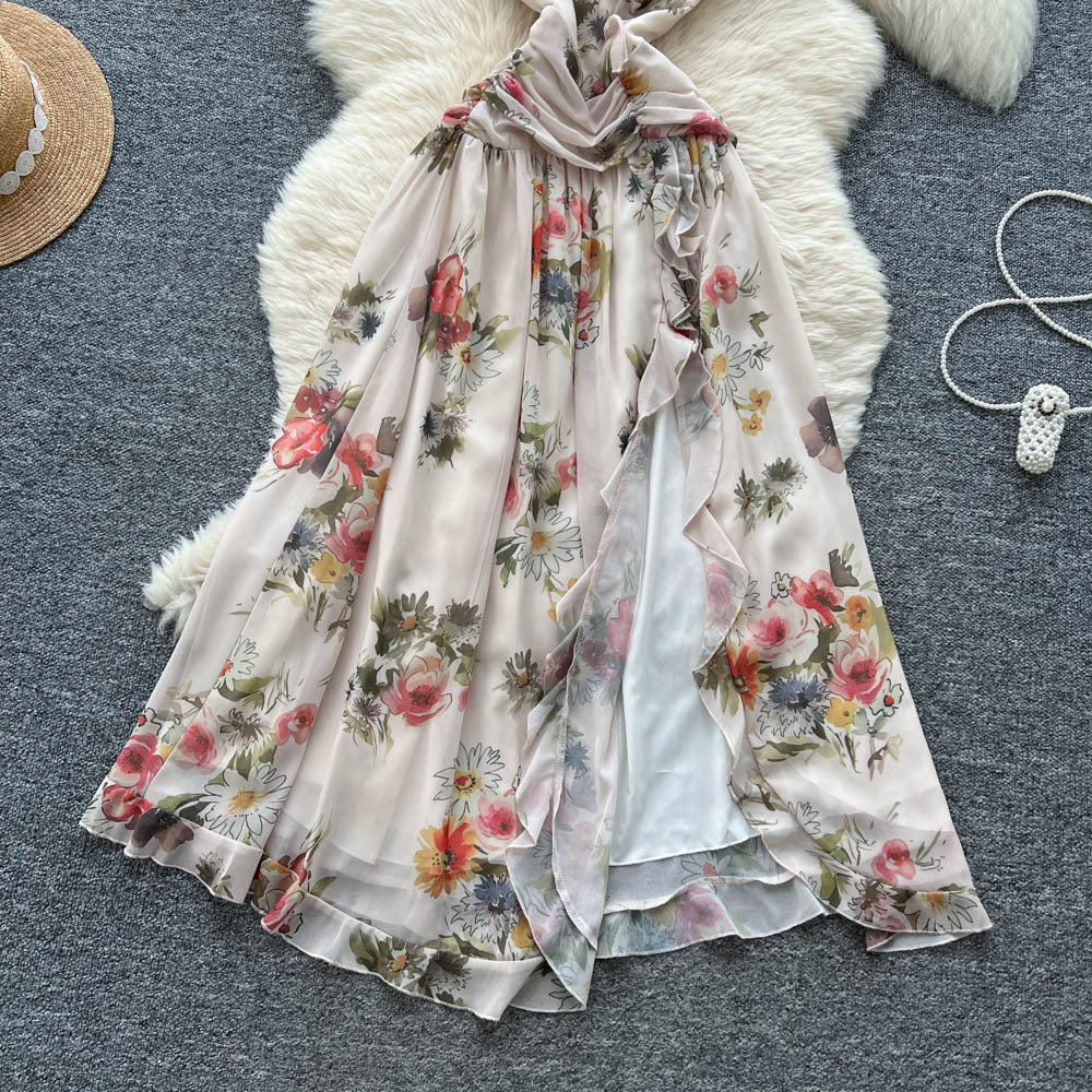 Atmosphere stereo flower halter oblique shoulder suspender dress female french pure desire waist elegant slit floral skirt