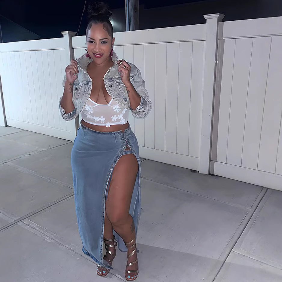 European and american style denim skirt  women's fashion hot girl eyelet tie closure slit long skirt
