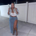 European and american style denim skirt  women's fashion hot girl eyelet tie closure slit long skirt