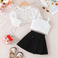 summer new girls' mesh long-sleeve top + cropped tank top + pleated skirt three-piece set - in stock