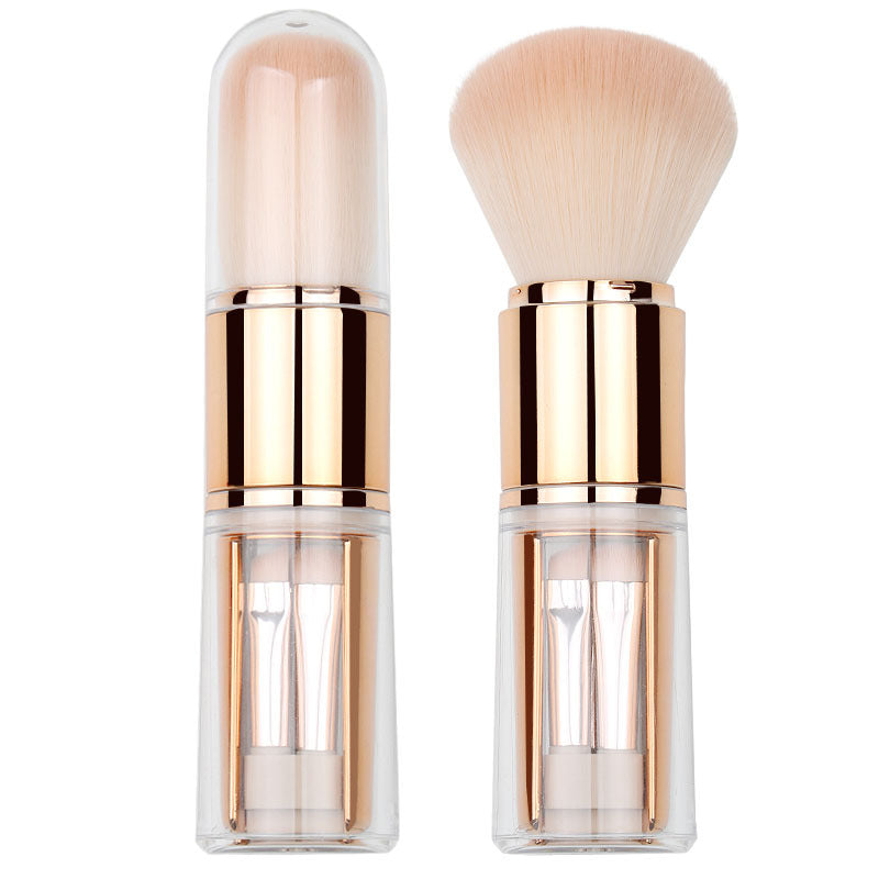 Portable 5-in-1 makeup brush set: retractable blush brush, eyeshadow brush, silicone head concealer brush, angled liner brush, and makeup brush