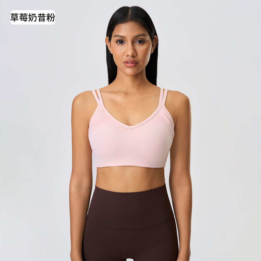 Naked feeling beautiful back breathable sports intimates women's bubble wrap anti-sagging deep v semi-fixed cup yoga bra d25053