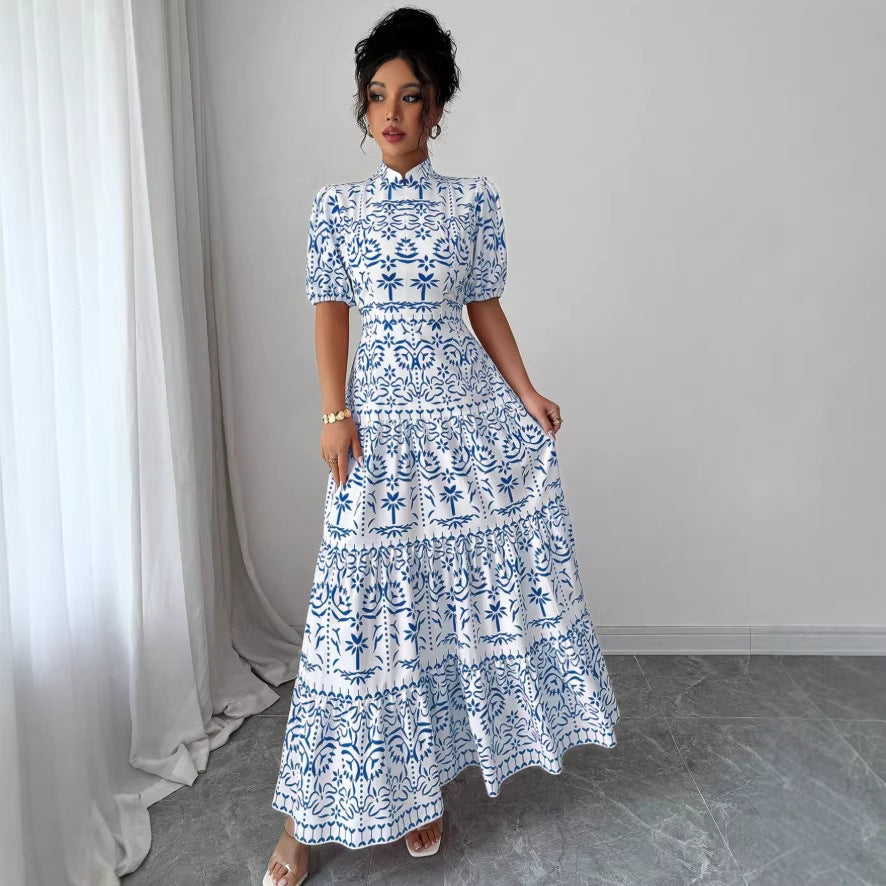 new fashion printed bubble sleeve european and american style women's dress for cross-border e-commerce
