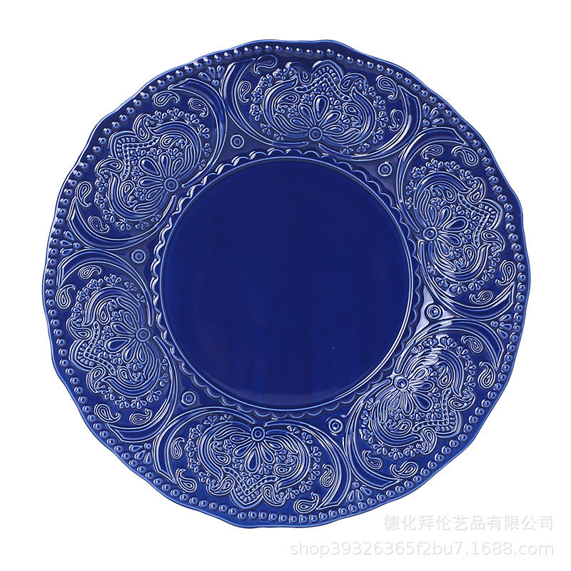 Embossed blue steak plate french western dinner plate personalized retro style ceramic milk jug sugar bowl suit tableware wholesale