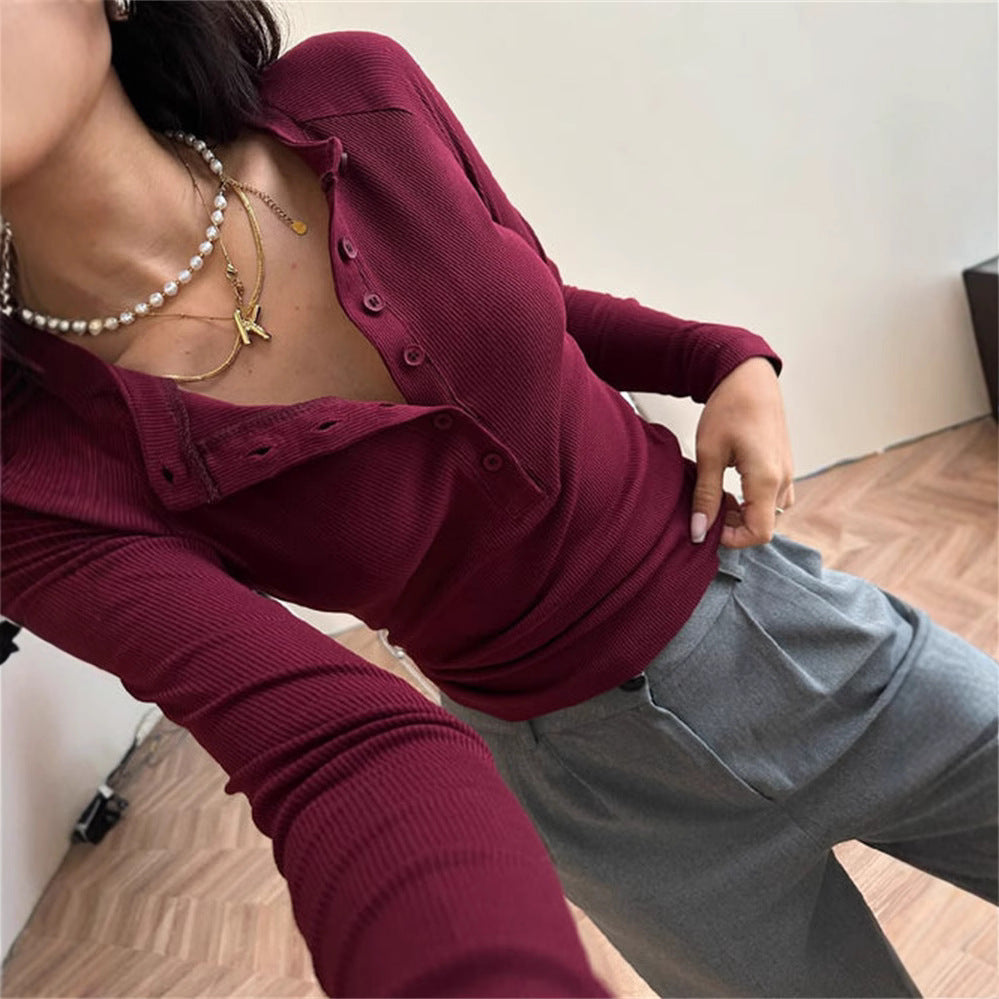 simple half-open neck button long-sleeved T-shirt women's clothing inside slim fit and thin clothes