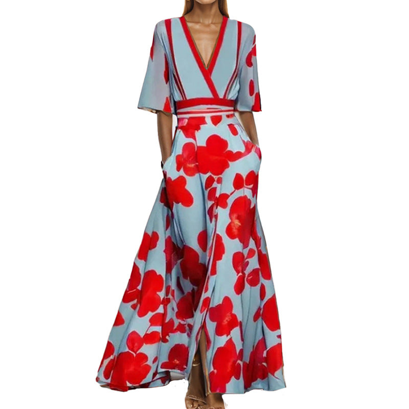 european and american cross-border women's fashion: new summer collection - sexy deep v-neck printed bodycon mini dress