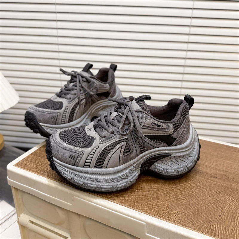 2026 spring new women's height-increasing chunky sneakers: versatile, lightweight, platform casual shoes with lace-up mesh upper - korean style athletic shoes