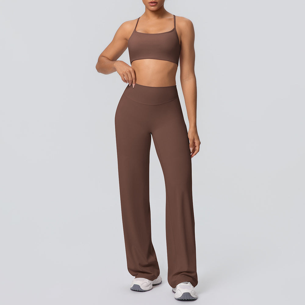 Sexy suspender back high waist hip lifting loosestraight-leg sports pants suit quick-drying running yoga fitness wear for women