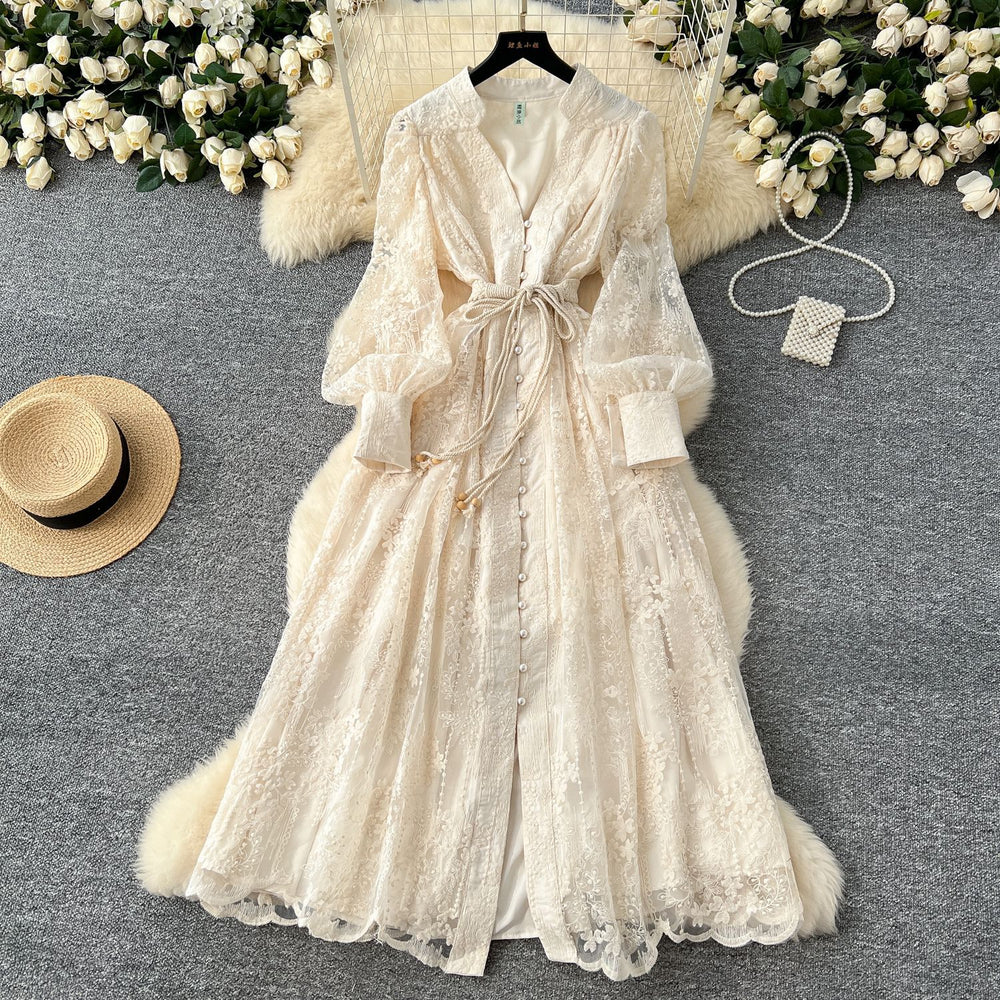 French high-end women's dress - spring  collection: cinched waist, exquisite embroidery, v-neck, lantern sleeves, single-breasted long dress