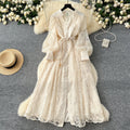 French high-end women's dress - spring  collection: cinched waist, exquisite embroidery, v-neck, lantern sleeves, single-breasted long dress