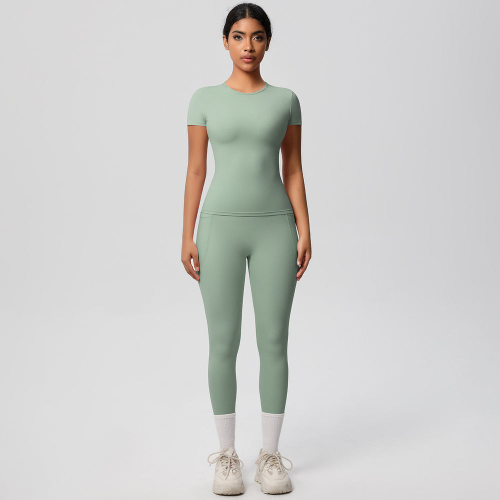 European and american solid color nude feel brushed short-sleeve yoga top and high-waisted butt-lifting fitness leggings quick-dry running workout set