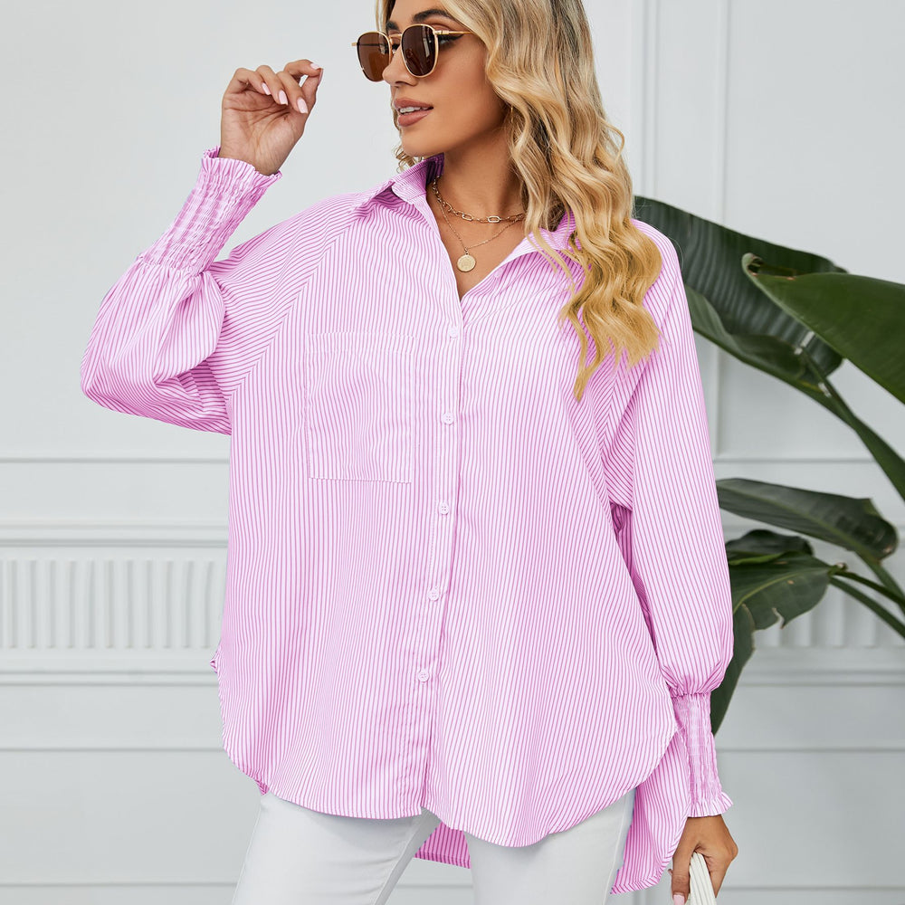 european and american women's clothing cross-border trade independent station  new arrival ruched cuff loose striped shirt top