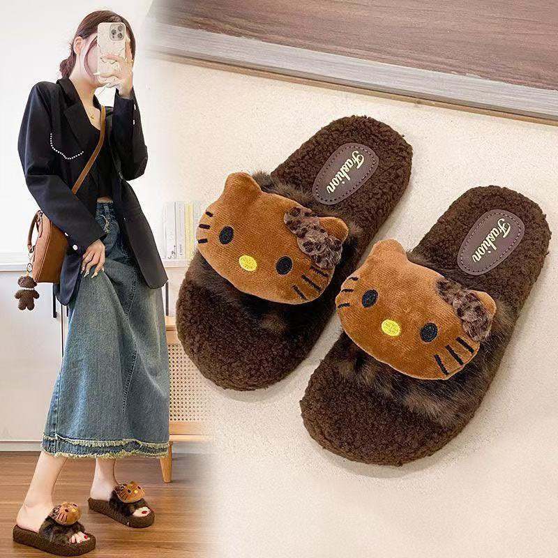Thick sole furry slippers for women outwear2025 autumn winternew arrival lamb furry internet celebrity home one-line cotton slippers