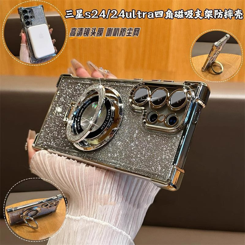 Suitable for samsung s25ultra glitter powder magnetic holder mobile phone case s26 electroplated four corners anti-fall note20 case a37