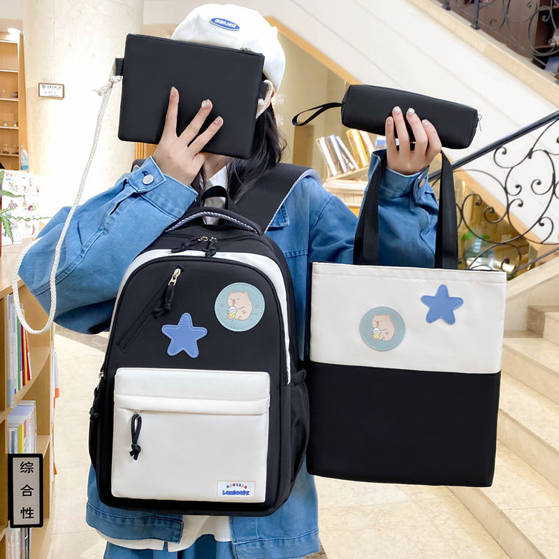 Korean version of college style schoolbag four-piece set, primary and secondary school backpack, girls fresh and sweet backpack, multi-compartment backpack