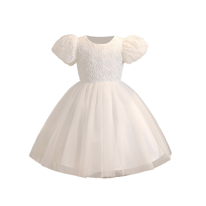 Girls' formal dress princess gown white flower girl wedding dress mid-length puff sleeve tutu dress cross-border foreign trade floral chic