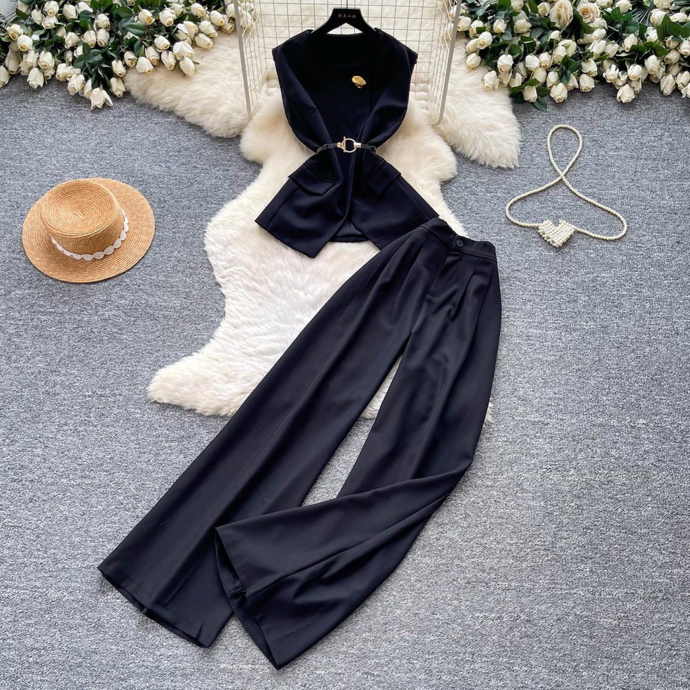K-stylework clothing style vest high waistloose pantstwo-piece set women's summer silm type strap waist slimming looksuit