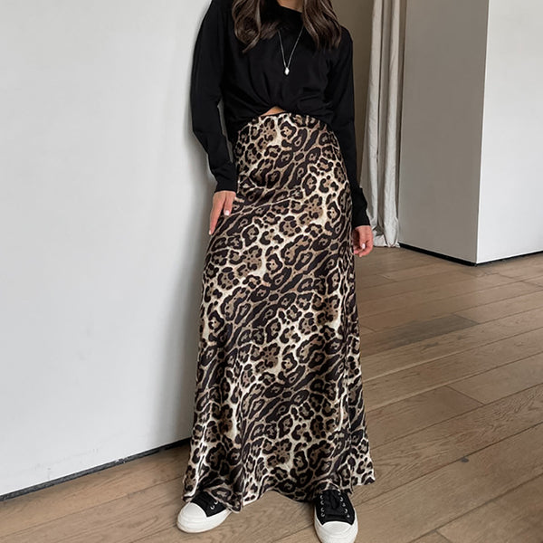 2024 autumn European and American retro leopard print skirt women's fashion high waist drape satin A-shaped dress wholesale women's clothing
