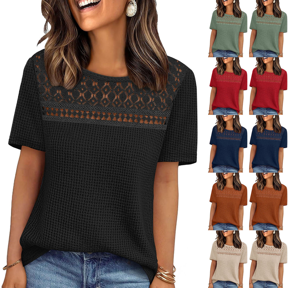 european and american  cross-border women's summer new arrival: mesh hollow-out breathable versatile round neck short sleeve t-shirt top