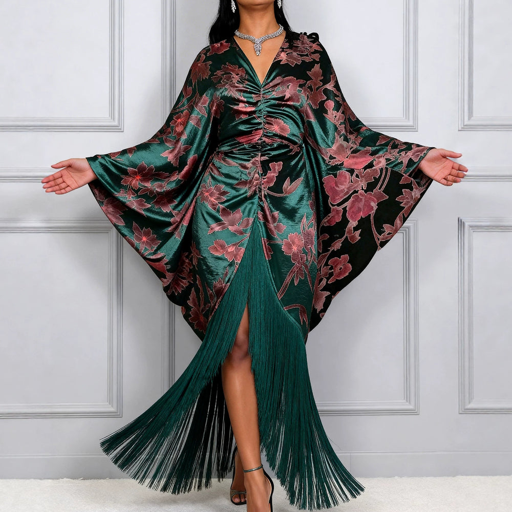 African new print batwing sleeve v-neck dress - printed drawstring waist tassel maxi dress bubudress
