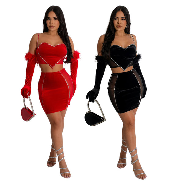 CY900959 suspender short top with sexy hip wrap A-word short skirt solid color hot diamond set, including gloves