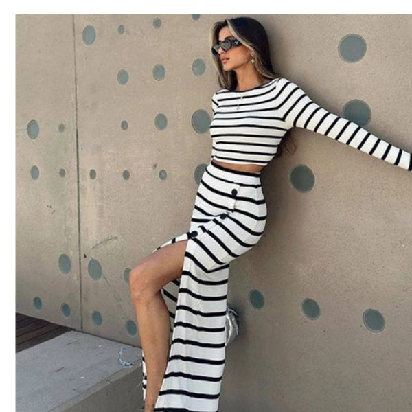 Spot 2024 Autumn  Fashion Classic Black and White Striped Long Sleeve Short Top Button Skirt Set