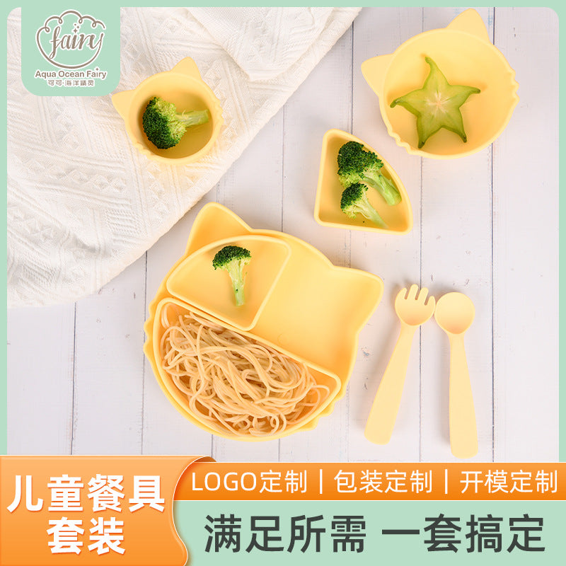 Customized solid color cartoon cat shape children's dinner plate baby complementary feeding silicone dinner plate with suction cup tableware set