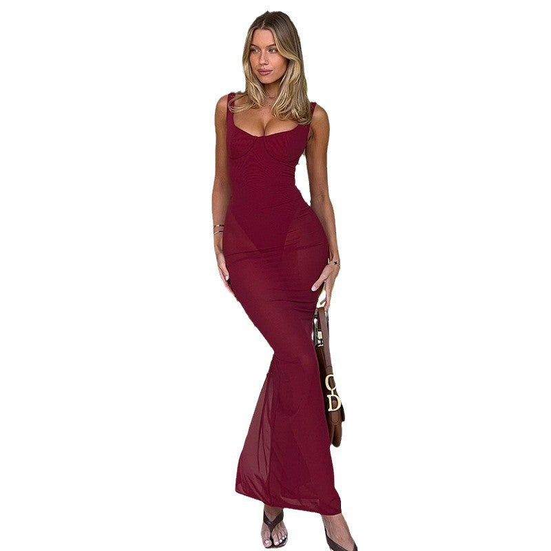 European and american style women's new arrival cross-border fashion elegant slim-fit patchwork sexy mesh backless spaghetti strap maxi dress