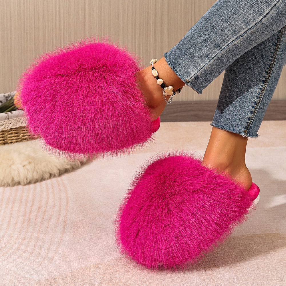 plus sizepure color fluffy large fur slippers soft bottom winter toe-cap home heattech multi-color cotton slippers