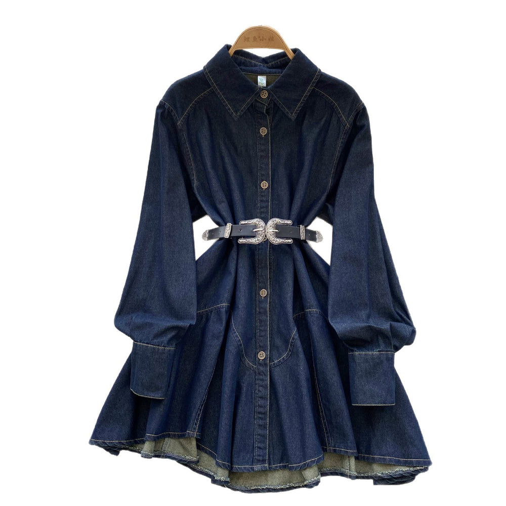 New spring chic hong kong style retro high-end loose slimming irregular tie-waist denim dress for women