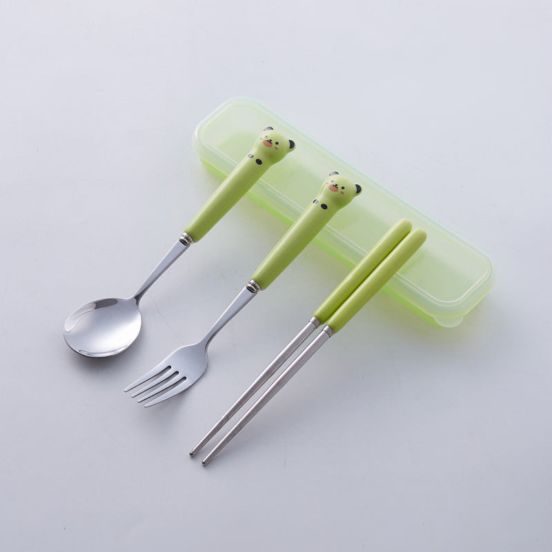 Cartoon portable cutlery set - student fork, spoon, chopsticks, and utensil case travel set - kids' stainless steel fork, spoon, and chopstick set