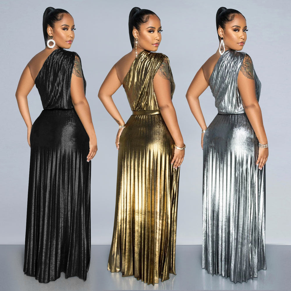 C7506 cross-border   fashion women's elegant gold foil one-shoulder sleeveless solid color dress