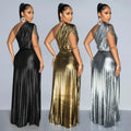 C7506 cross-border   fashion women's elegant gold foil one-shoulder sleeveless solid color dress